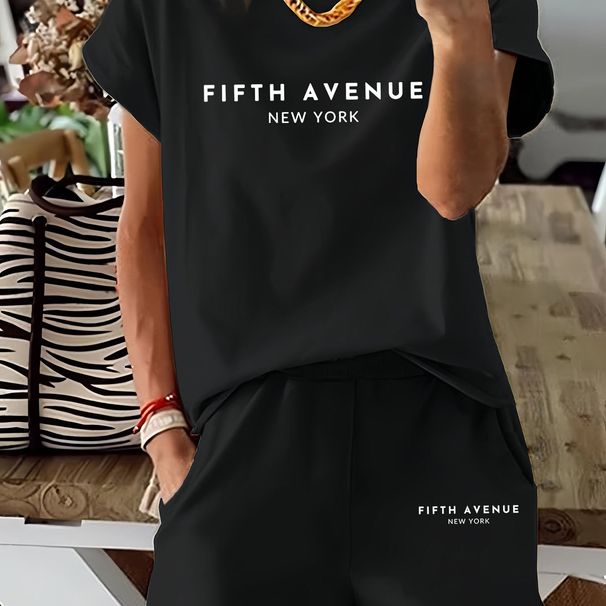 Summer New Pink Letter Pattern T-Shirt, Casual Print Round Neck Short Sleeve Top With Elastic Waist Pocket Women's Two-Piece Set-291_ecoleips.com