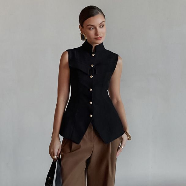 Women's Clothing Women's Elegant Sleeveless Top Vest Style Stand Collar Button Detail Spring Summer Waist Slit For Formal & Casual For Women_ecoleips.com
