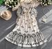Women's French Retro Red Floral Print Dress Round Neck Three Quarter Sleeve Slimming Waist Full Skirt Ruffles Summer Style_ecoleips.com