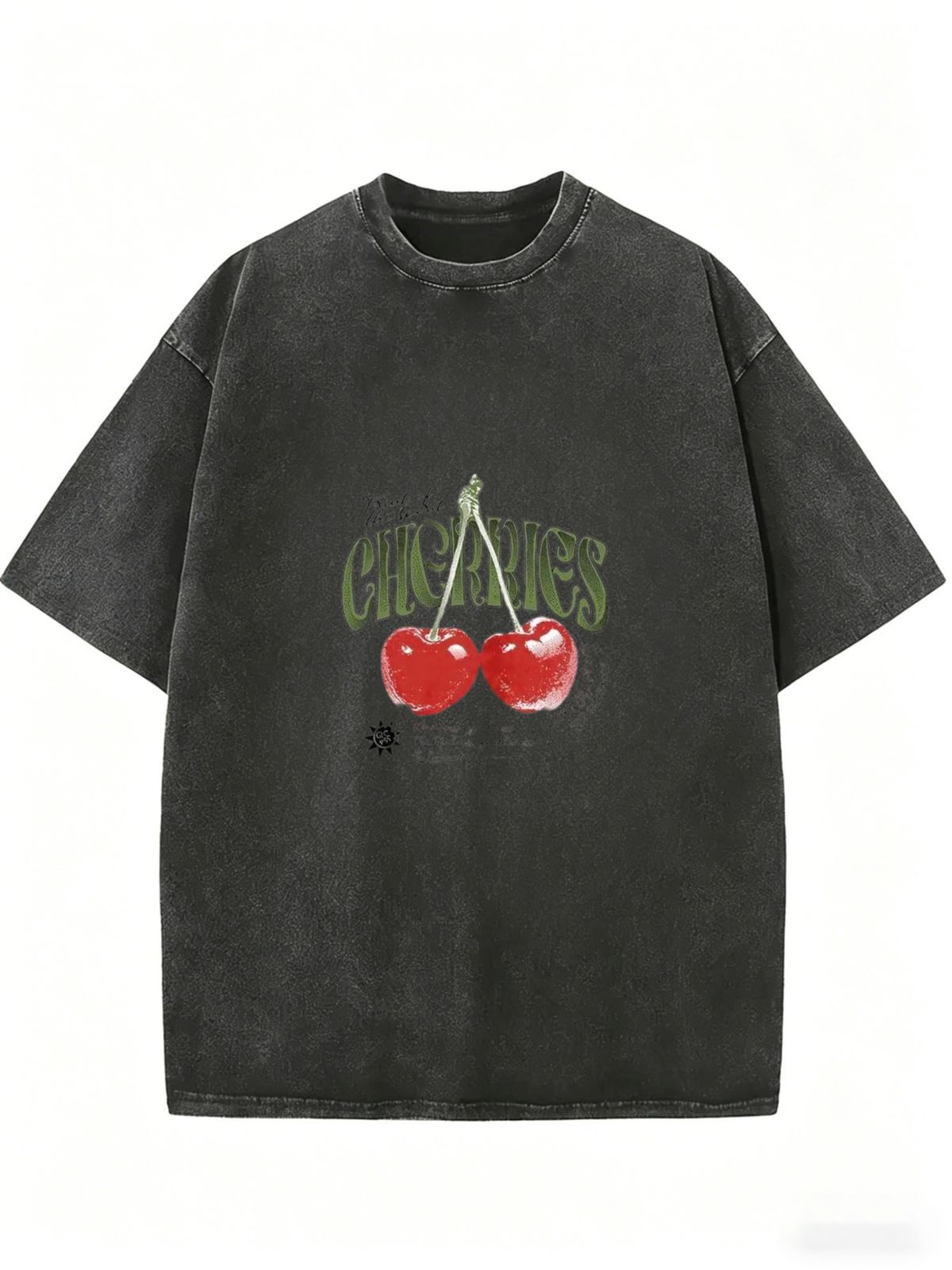 Vintage Cherries Fruit Graphic Acid Wash Washed Oversized T Shirt Women Crew Neck Short Sleeve Loose Retro Street Casual Tee_ecoleips.com