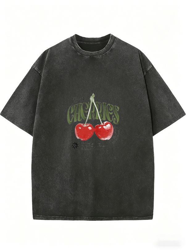 Vintage Cherries Fruit Graphic Acid Wash Washed Oversized T Shirt Women Crew Neck Short Sleeve Loose Retro Street Casual Tee_ecoleips.com