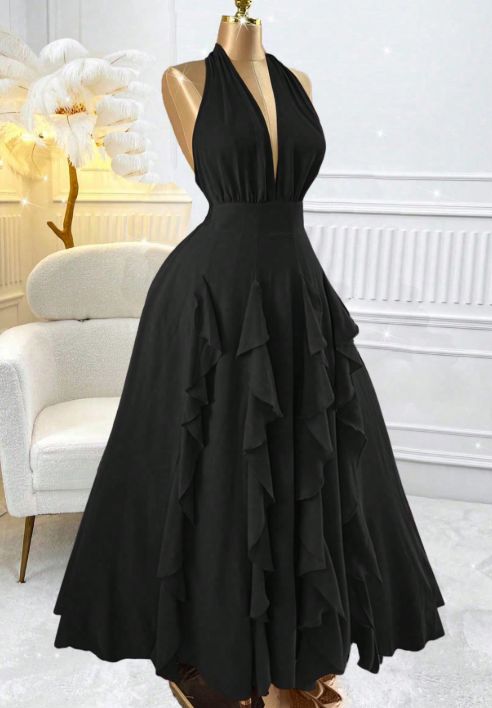 Curvy Women Solid Halter Midi Dress, Bow Ruffle Wavy Hem Elegant Sundress For Vacation Birthday Party Club Music Festival Spring Summer_ecoleips.com