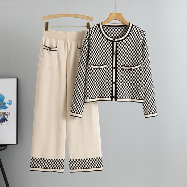 Cross-border Sweater For Women, Spring And Autumn 2026 New Fashion Casual Plaid Wide-leg Pants Knitted Two-piece Set_ecoleips.com