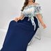 Summer New Plus Size Wrap Dress – Floral Print Off-Shoulder Elegant Office Dress With Belt, A-Line Long Dress For Women (0XL-4XL, Navy Blue)_ecoleips.com