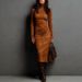 Women's Clothing Retro High Neck Long Dress Solid Color Slim Waist Long Sleeve Women's Base Dress_ecoleips.com