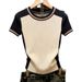 Color Blocked Plus Size Knitted Top Round Neck Pullover Elegant Slimming Base Layer Short Sleeved Summer_ecoleips.com