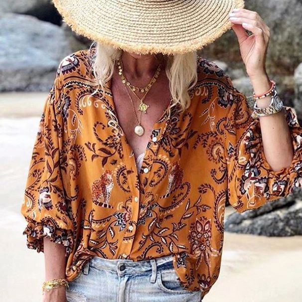Women's Clothing Spring And Summer Ruffled Long Sleeve New Printed Loose Fashion Single Breasted Top_ecoleips.com