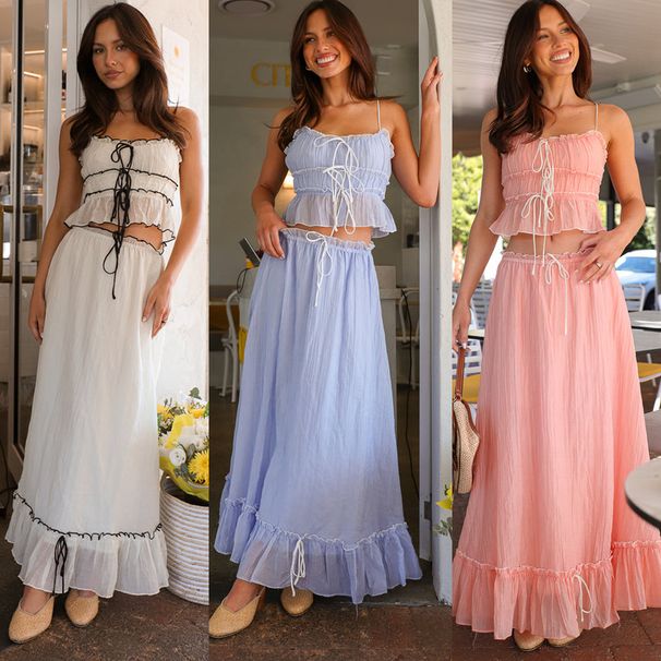 Women's Sweet Bow-Tied Pleated Fairy Skirt Set Summer New Clothing 2025_ecoleips.com