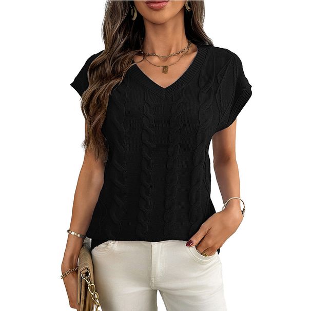 Chunky Knit V-Neck Sleeveless Sweater Vest For Women, Cable Crochet Tank Top Casual Layering Piece_ecoleips.com