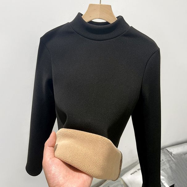 K Slim-fit Half-turtleneck Sweater As A Base Layer; Plus-fleece Warm Top With A Small Collar For Women; Long Sleeves_ecoleips.com