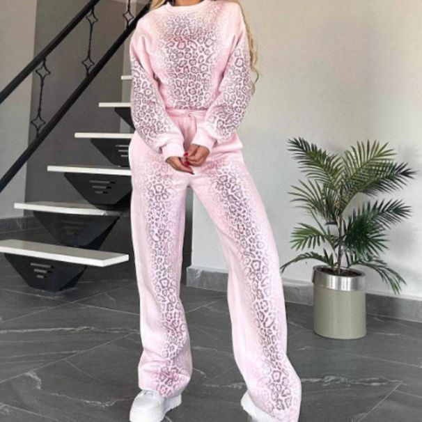 Women's Clothing Two Piece Suit, Round Neck Leopard Print Top, Loose Fit, Plus Size, Casual._ecoleips.com