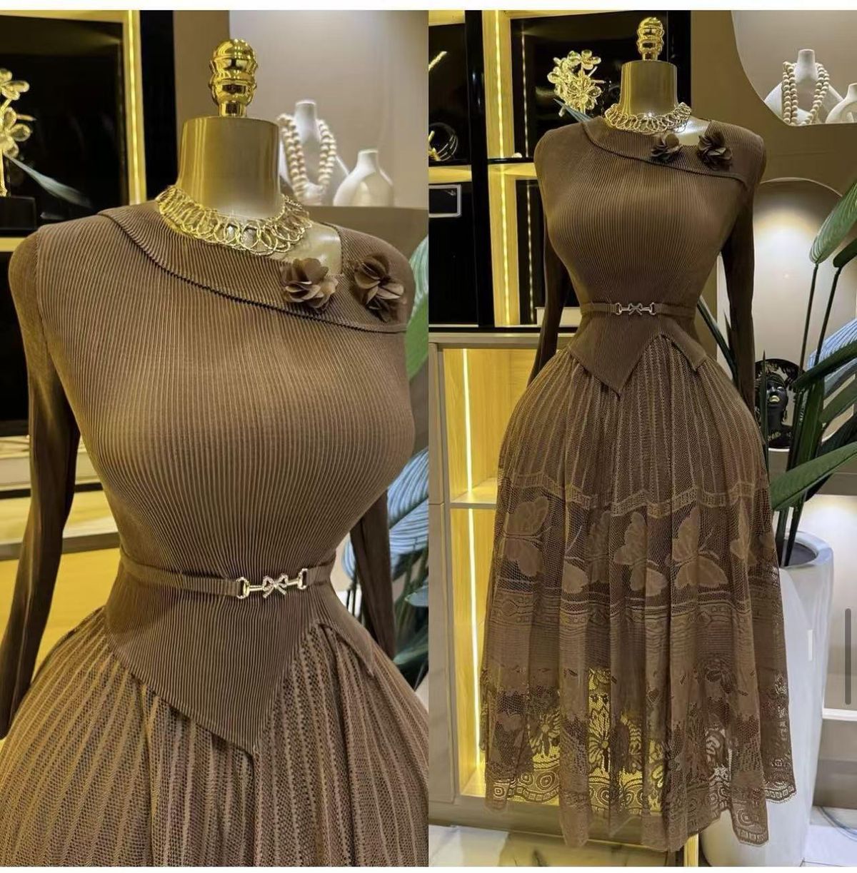 Elegant Floral Mesh Layered Dress – Slimming V-Neck Chiffon Maxi Dress With Ruffle Hem (One Size, Tea Green/Khaki/Navy/Pink)_ecoleips.com