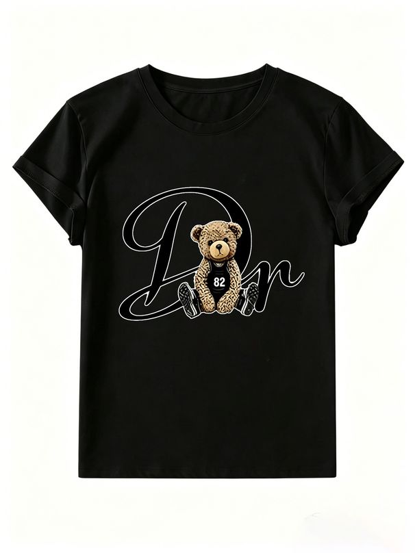 Women's DR Letter Teddy Bear Sports T-shirt, Pure Cotton Breathable Short Sleeve_ecoleips.com