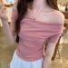 Ins Design Sense Threaded Swingneck Sexy Hottie Shoulder Short T-shirt Women Slim Slim Slim Short-sleeved Top_ecoleips.com