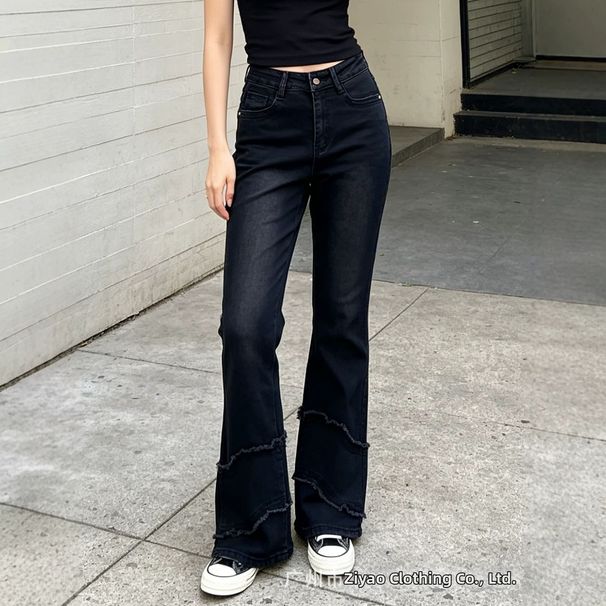 High Waisted Stretch Flared Jeans for Women Slimming Design Frayed Edges Black Platform Jeans_ecoleips.com