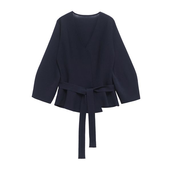 Women’s Belted Knit Top – V-Neck Shoulder-Padded Blouse (Polyester Blend, Classic Retro Style, Office & Casual Wear, Fall/Winter Essential)_ecoleips.com