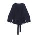 Women’s Belted Knit Top – V-Neck Shoulder-Padded Blouse (Polyester Blend, Classic Retro Style, Office & Casual Wear, Fall/Winter Essential)_ecoleips.com
