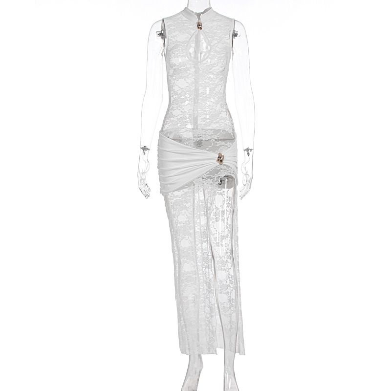 Women Sleeveless Bodycon Dress Sexy Fashion Hollow Out Lace High Slit Party Evening Cocktail Dress For Ladies_ecoleips.com