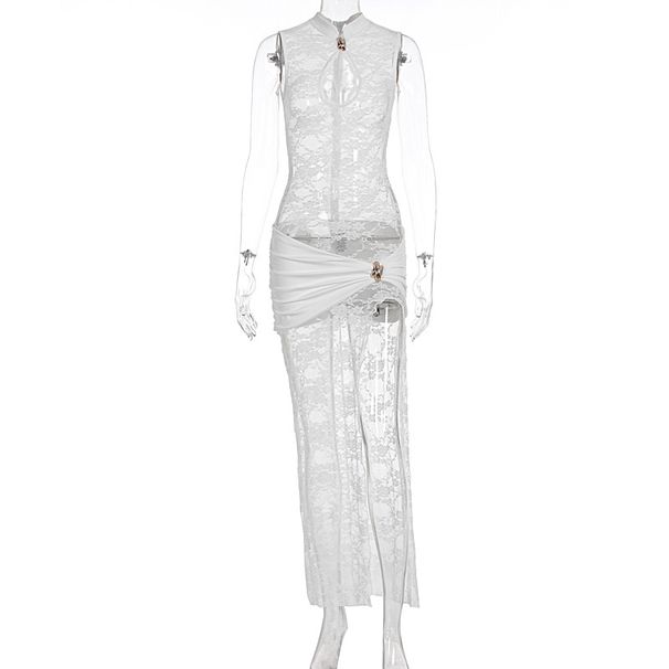 Women Sleeveless Bodycon Dress Sexy Fashion Hollow Out Lace High Slit Party Evening Cocktail Dress For Ladies_ecoleips.com