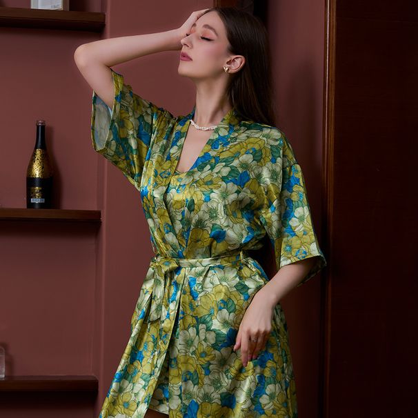 Cross-border Printed Nightgown For Women, Summer Sexy Ice Mid-sleeve Plus-size Bathrobe, Silk Bridal Robe, Manufacturer_ecoleips.com
