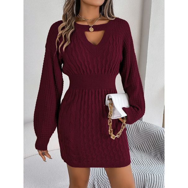 Women's Autumn And Winter Solid Color Twist Openwork Lantern Sleeve Hip Wrap Sweater Dress Dress_ecoleips.com