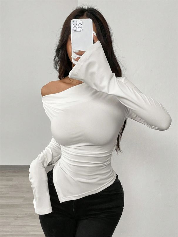 Women's Clothing V Neck Off Shoulder Two Way Design Fashionable V-Neck Off-Shoulder Two-Way Design Slim Fit Ruffled Asymmetrical Long Sleeve T-Shirt_ecoleips.com