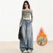 Orange Silk Women's Clothing#American Style Design Wide-Leg Jeans Spring High-Waisted Loose Slimming Floor-Length_ecoleips.com