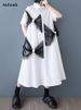 Patchwork Mesh Bow Vintage Shirt Dresses For Women Long Summer New Short Sleeve Loose Casual Dress Korean Elegant Clothing 2025_ecoleips.com
