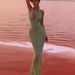 Elegant Halter Neck Deep V Mermaid Maxi Dress – Sexy, Slimming, High-End Stretch Polyester With Glitter Details (Black, Emerald Green)_ecoleips.com