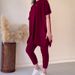 Women's Solid Color Round Neck Large Size Short-sleeved Slit Sweater Casual Suit_ecoleips.com