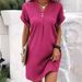 Women's Clothing Women's V Neck Pullover Dress Solid Color Button Detail Casual Comfortable Style For Formal & Casual For Women_ecoleips.com