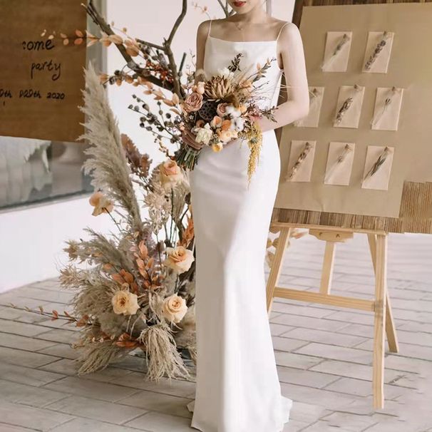 Light Wedding Bridal Travel Photography, Simple French Satin Strap Dress, Lightweight Everyday Dress For Registration_ecoleips.com