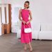 2026 European And American Cross-border Foreign Trade Round Neck, Solid Color, Elegant, Bodycon, With Slit, Women's_ecoleips.com