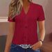 Women's Clothing Fashion Casual Solid Color Button V Neck Short Sleeved T Shirt_ecoleips.com
