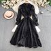 Women's Fitted Waist Dress Heavy Embroidery V Neck Lantern Sleeves Single Breasted Long Dress Autumn Winter 2025_ecoleips.com
