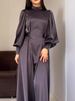 Women's Clothing Waist Solid Color Long Sleeve Slim Belt Retro Elegant Dress_ecoleips.com