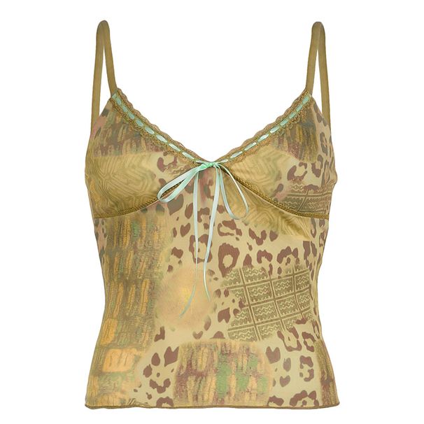 America Style Spicy Girl Slim Fit Ad Slimmig, Aciet Gree Leopard Strap, Lace Camisole, Backless Vest, Top For_ecoleips.com
