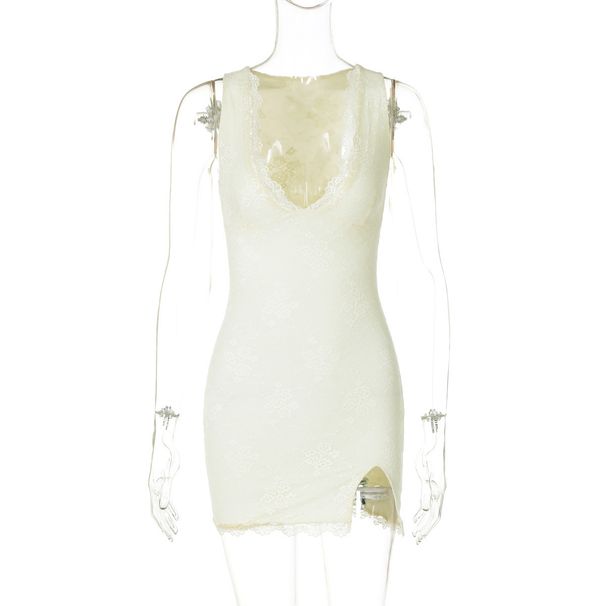 European And American Cross-border 's Fashion 2025 Summer New Stylish Sexy V-neck Lace Trim Slit Bodycon Dress For_ecoleips.com