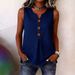 Women's Casual Loose Top V Neck Front Button Sleeveless Vest Pleated Hem American Style New_ecoleips.com