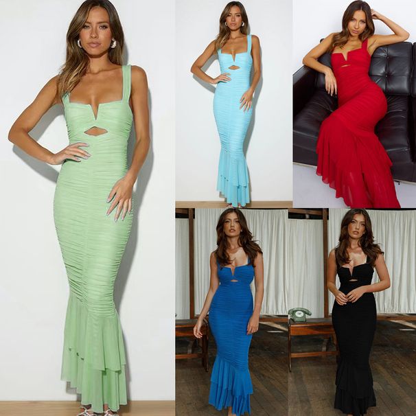 Summer New Arrival Women's Strappy Backless Tight Fitting Pleated Fishtail Long Dress European American Fashion 2025_ecoleips.com