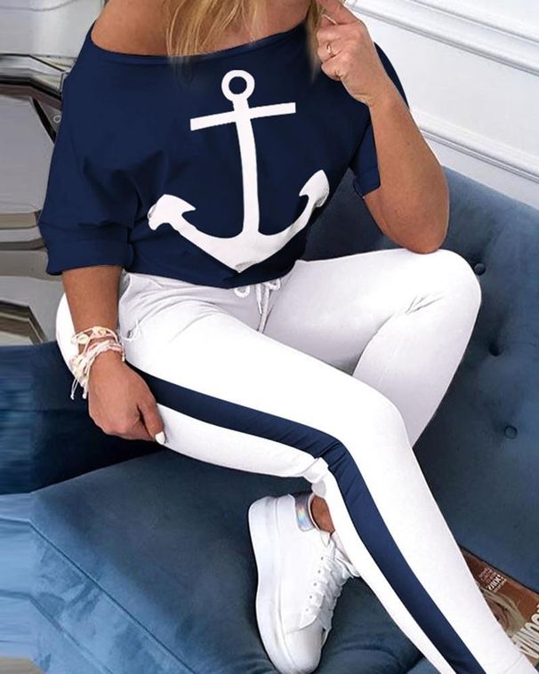 Women's Clothing Hot-selling Anchor Print Short-sleeved T-shirt Navy Sweatpants Ladies Casual Suit_ecoleips.com