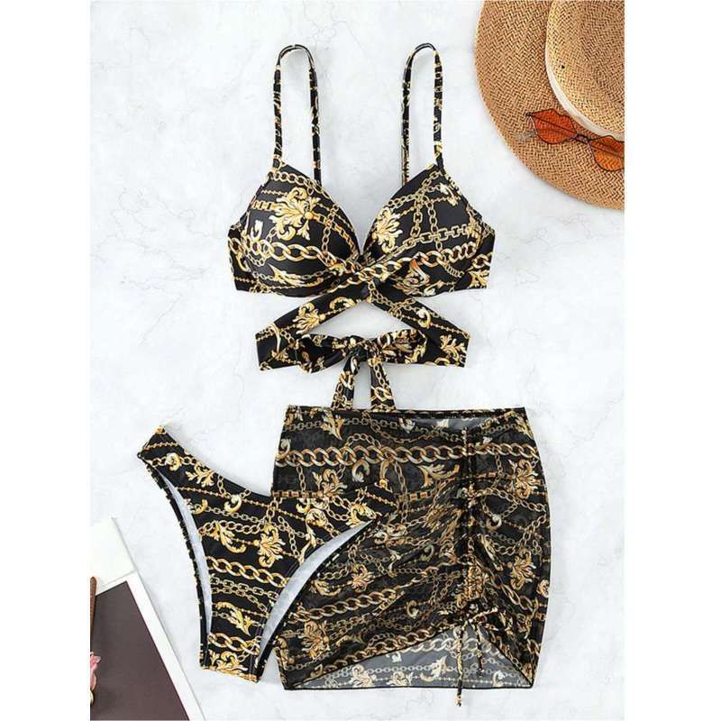 Women's Clothing Sexy Three Piece Bikini Swimsuit Set With Mesh Skirt Cross Straps Black Gold Print Push Up Two Piece Swimsuit_ecoleips.com