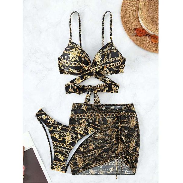 Women's Clothing Sexy Three Piece Bikini Swimsuit Set With Mesh Skirt Cross Straps Black Gold Print Push Up Two Piece Swimsuit_ecoleips.com