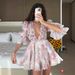 Vintage Print Floral Midi Dress Women V Neck Drawstring Tie Waist 3D Applique Decoration Casual Party Daily Elegant Dress_ecoleips.com