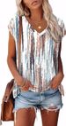 XIEERDUO Womens Tops V Neck Cap Sleeve Loose Fit Tee Shirts Summer Spring 2025 Eyelet/Printed_ecoleips.com