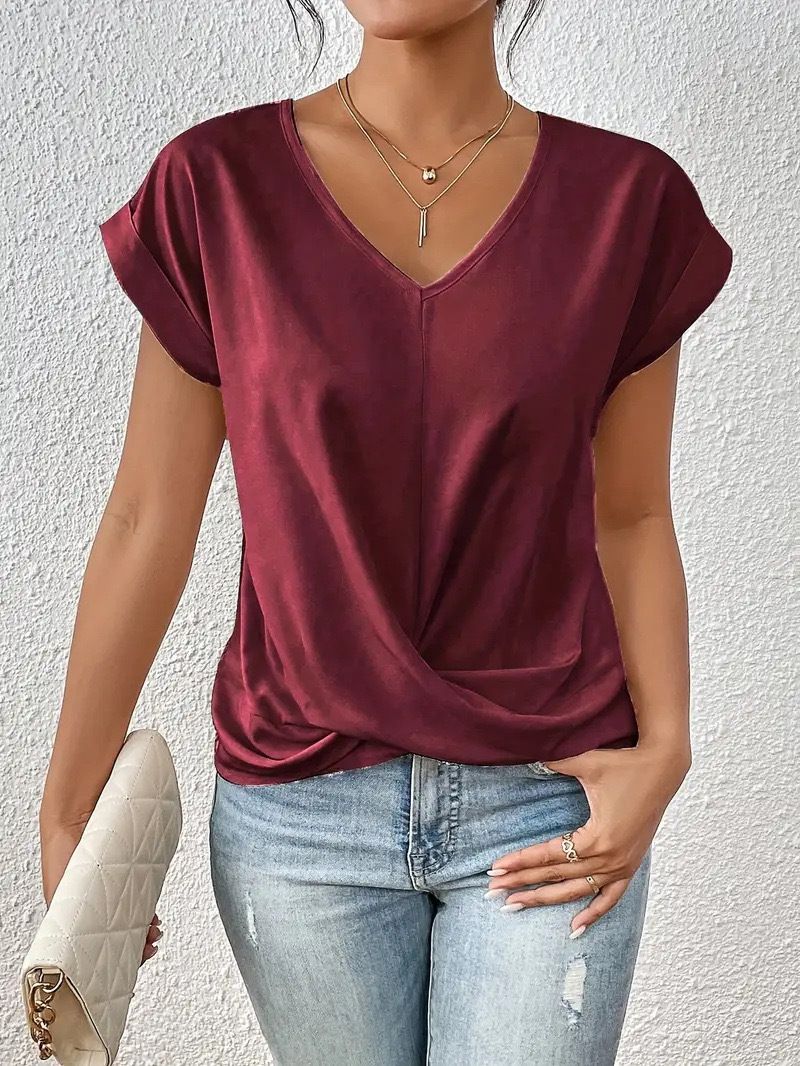 Women's Clothing Solid Color V Neck T Shirt Elegant Short Sleeved Top Spring And Summer_ecoleips.com