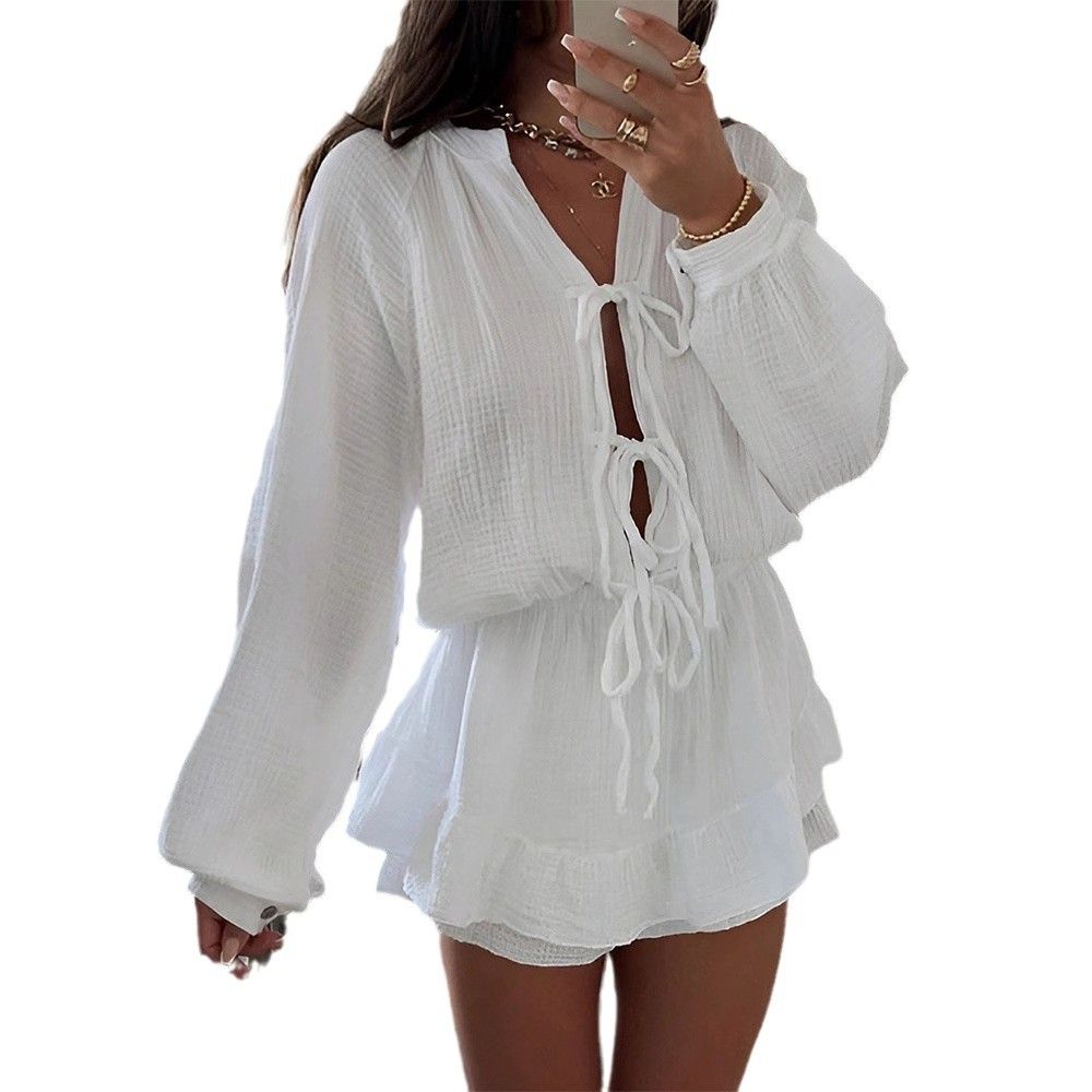 Women's Clothing Solid Color Lace Cardigan Round Neck Lantern Sleeve Top High Waist Dress_ecoleips.com