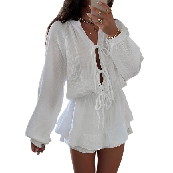 Women's Clothing Solid Color Lace Cardigan Round Neck Lantern Sleeve Top High Waist Dress_ecoleips.com