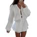 Women's Clothing Solid Color Lace Cardigan Round Neck Lantern Sleeve Top High Waist Dress_ecoleips.com