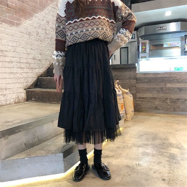Preppy Korean Style Mesh Patchwork Midi Skirt High Waisted Slimming Long Skirt for Female Students Trendy Fairy like Instagram_ecoleips.com